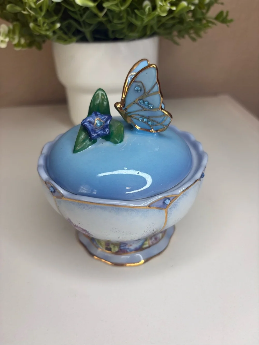 Blue Butterfly Ceramic Trinket Jar with Floral Accent